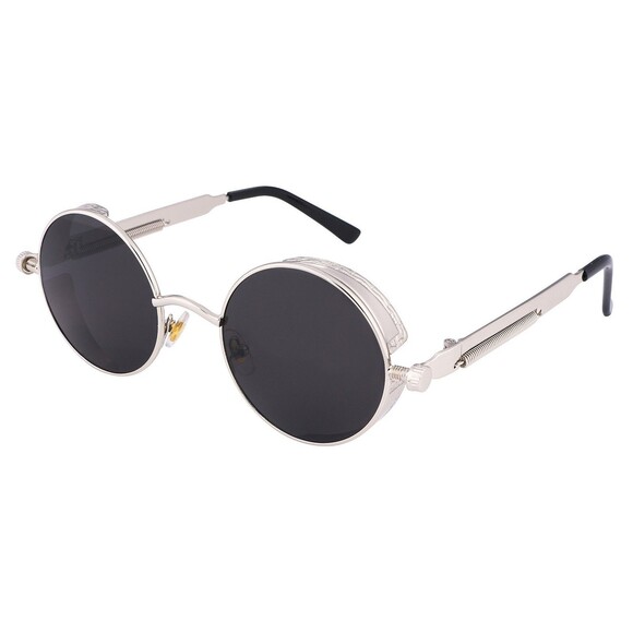 Steampunk Gothic Retro Round Circle Sunglasses Silver Metal Frame Gray Lens C12 - Picture 1 of 8